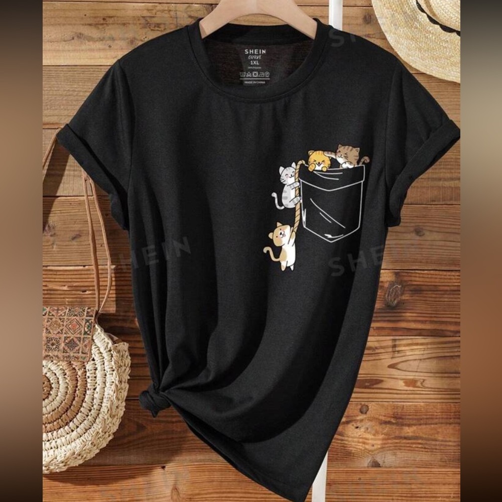 New SHEIN Plus Women Curve EZwear Black T-shirt Cute Cats Kittens Graphic Tee